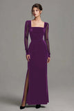 Black Sheath Velvet Square Neck Holiday Party Dress with Slit