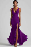 Ink Blue Chiffon Ruffled Maxi Ruffled Formal Dress with Slit