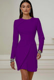 Short Ivory Pencil Pleated Round Neck Work Dress with Sleeves