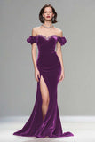 Sparkly Plum Velvet Mermaid Long Holiday Party Dress with Slit