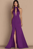 Simple Halter Satin Keyhole Mermaid Long Black Tie Dress with Slit