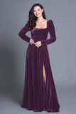 Burgundy A Line Velvet Long Holiday Party Dress with Slit