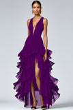 A Line Plum Sleeveless V-Neck Tiered Long Formal Dress with Slit