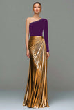 Metallic Red and Gold One Shoulder Mermaid Velvet Long Holiday Party Dress