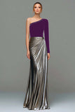 Metallic Red and Gold One Shoulder Mermaid Velvet Long Holiday Party Dress