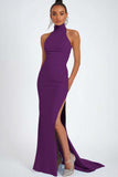 Dark Navy Satin Sheath High Neck Long Wedding Guest Dress with Slit