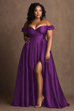 Royal Blue Plus Size Satin Off the Shoulder Long A Line Formal Dress with Slit