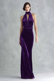 Burgundy Velvet High Neck Keyhole Maxi Formal Dress