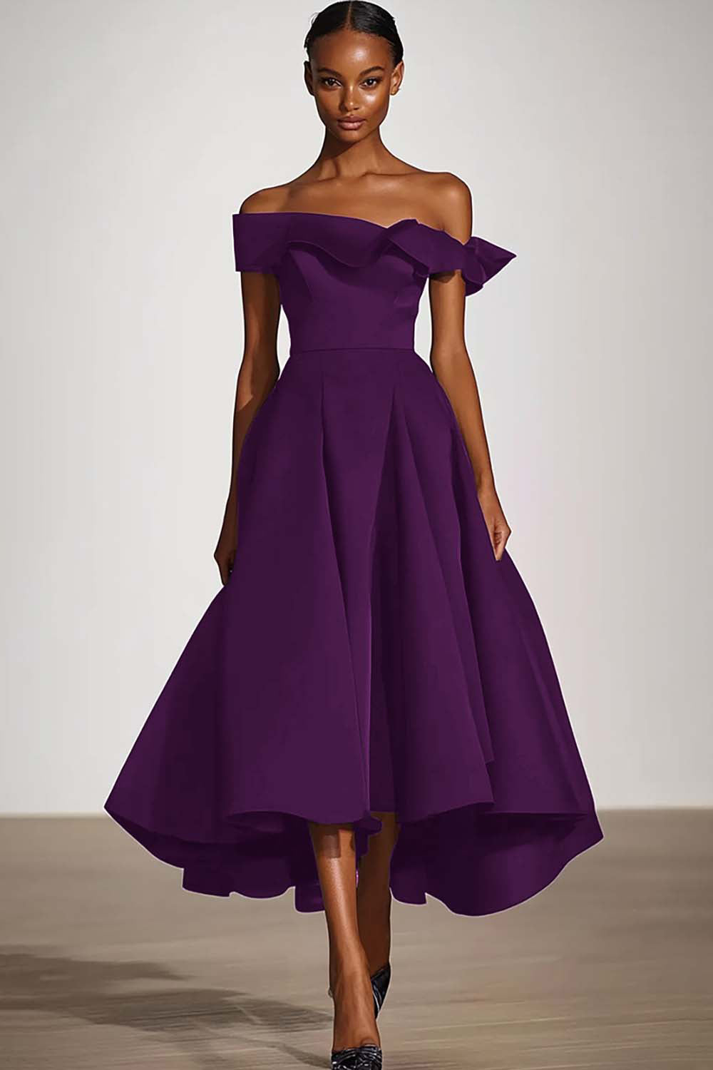 Leely Women Plum Ruffled A Line Tea-Length Formal Dress Off the