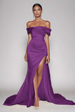 Elegant Dusty Blue Sheath Satin Off the Shoulder Maxi Prom Dress with Slit