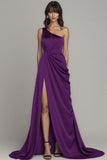 A Line Satin Black One Shoulder Long Formal Dress with Slit