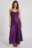 Navy Sheath Cowl Neck Spaghetti Straps Long Formal Dress