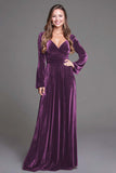 Burgundy A Line Velvet V-Neck Long Holiday Party Dress with Sleeves