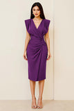 Plum V-Neck Sheath Ruched Tea Length Formal Dress