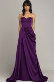A Line Strapless Peacock Satin Long Formal Dress with Slit
