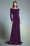 Elegant Plum Velvet Bateau Neck Long Formal Dress with Sleeves