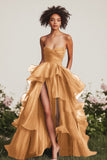 A Line Green Sweetheart Ruffled Maxi Formal Dress with Slit