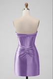 Purple Strapless Pleated Satin Corset Short Prom Dress