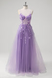 Blue Corset Applique Beaded A-Line Prom Dress with Slit
