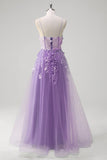 Blue Corset Applique Beaded A-Line Prom Dress with Slit