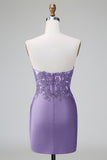 Dark Green Deep V Neck Applique Satin Mini Prom Dress