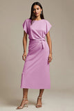 Maxi Pink Boat Neck Satin Ruched Work Dress with Sleeves