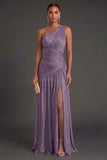 One Shoulder Gold Sheath Ruched Long Formal Dress with Slit