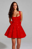 Sparkly Red A Line Square Neck Sequin Cocktail Dress with Bow