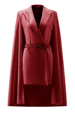 White Satin Peak Lapel Short Work Blazer Dress with Cape