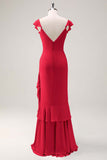 Red Chiffon Mermaid V-Neck Maxi Bridesmaid Dress with Ruffles