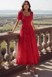 White Lace Square Neck Long Wedding Reception Dress with Sleeves