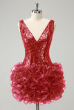 Sparkly Navy V Neck Sequins Prom Dress with Detachable Ruffles