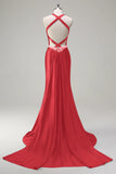 Pink Beaded Corset Satin Mermaid Sweep Train Prom Dress