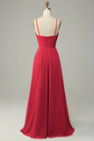 Red Pleated A-Line Floor Length Bridesmaid Dress
