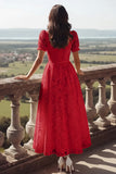 White Lace Square Neck Long Wedding Reception Dress with Sleeves