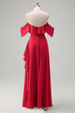 Pine Ruffled Chiffon Maxi Bridesmaid Dress with Slit