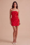 Hot Pink Floral Bodycon Strapless Short Cocktail Dress
