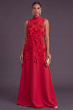 Blue Floral High Neck A Line Long Formal Dress