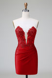 Dark Green Deep V Neck Applique Satin Mini Prom Dress