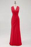 White Sheath V-Neck Ruched Maxi Chiffon Rehearsal Dinner Dress