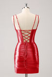 Red Corset Boning Tight Short Prom Dress with Sequins