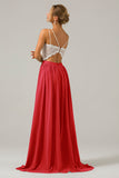 Pine A-Line Spaghetti Straps Pleated Long Bridesmaid Dress With Lace