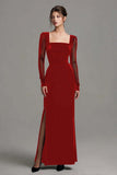 Black Sheath Velvet Square Neck Holiday Party Dress with Slit