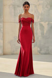 Red Off the Shoulder Sheath Chiffon Pleated Formal Dress