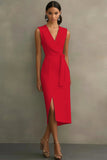 Dusty Rose V-Neck Sheath Tea Length Semi Formal Dress with Sash