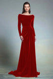 Elegant Plum Velvet Bateau Neck Long Formal Dress with Sleeves