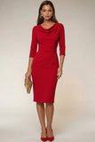 Navy Bodycon Cowl Neck Long Sleeves Midi Work Dress