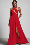 Black A Line Pleated Halter Cut Out Formal Dress with Slit