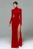 Burgundy Velvet Sheath High Neck Cut Out Long Holiday Party Dress with Slit