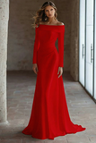 Ivory Satin Sweep Train Ruched Off the Shoulder Wedding Dress with Sleeves